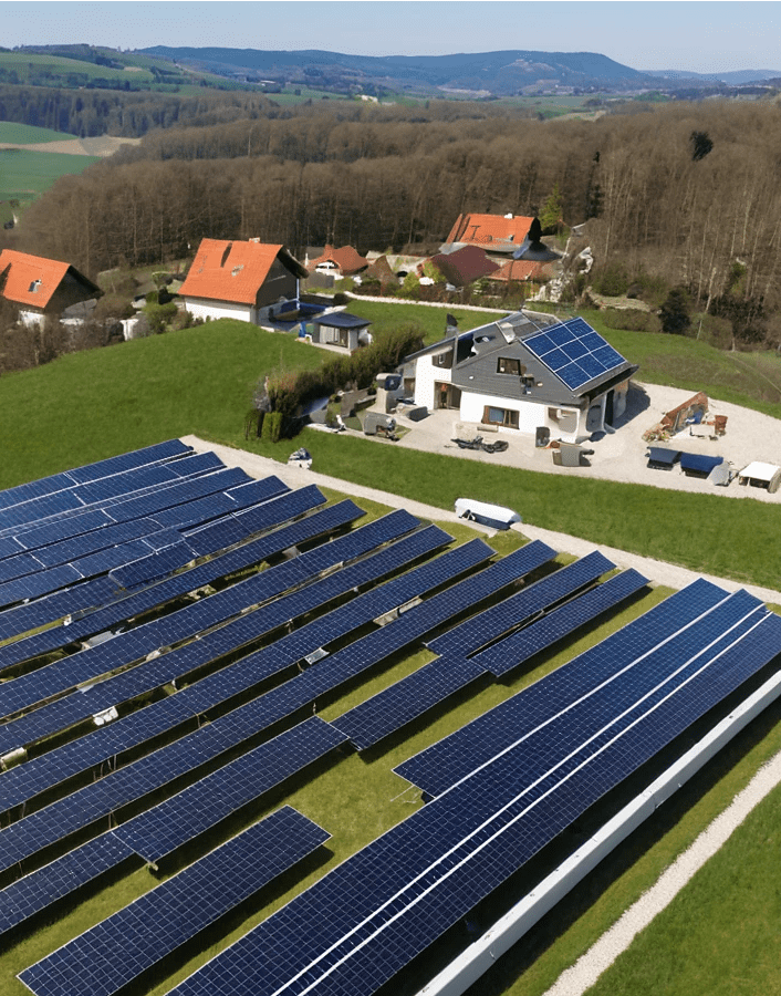 Großflächige Photovoltaikanlage neben Wohnhaus